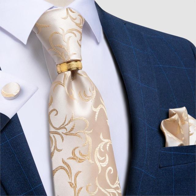 Striped Floral Paisley Silk Tie Cufflinks Tie Ring Set