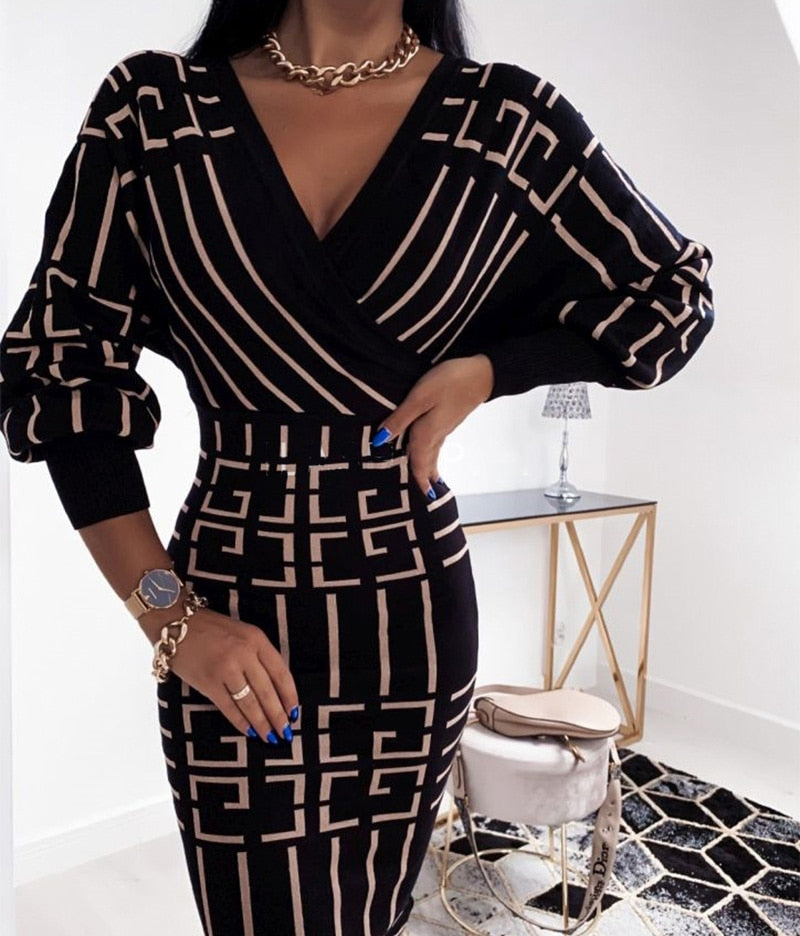 Ribbed Elegant Plaid Print Wrap Bodycon Midi Dress