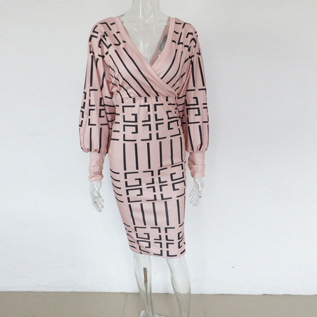 Ribbed Elegant Plaid Print Wrap Bodycon Midi Dress