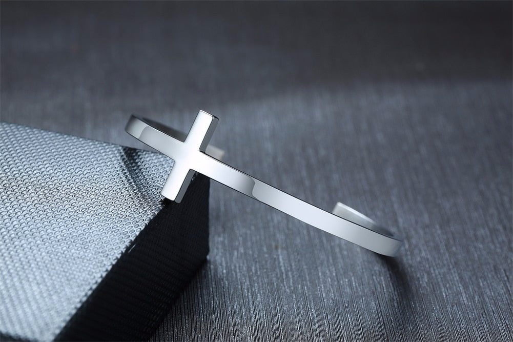 SIDEWAYS CROSS OPEN CUFF BANGLE