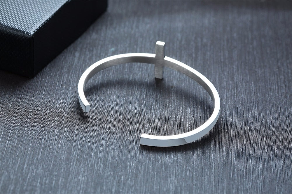 SIDEWAYS CROSS OPEN CUFF BANGLE