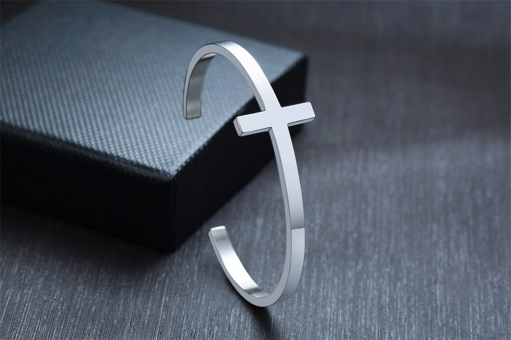SIDEWAYS CROSS OPEN CUFF BANGLE