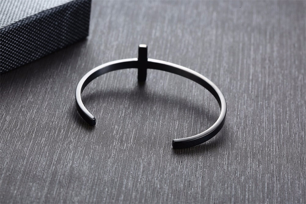 SIDEWAYS CROSS OPEN CUFF BANGLE