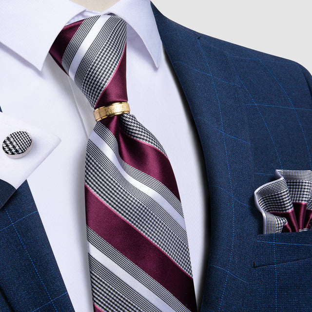 Striped Floral Paisley Silk Tie Cufflinks Tie Ring Set