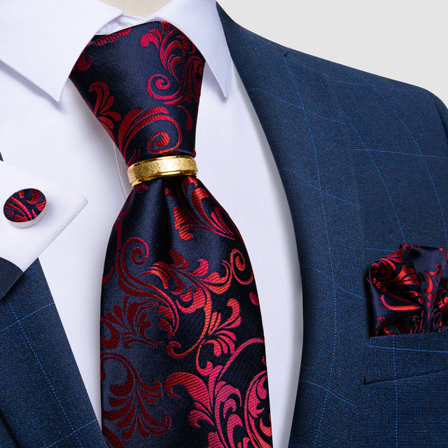 Striped Floral Paisley Silk Tie Cufflinks Tie Ring Set