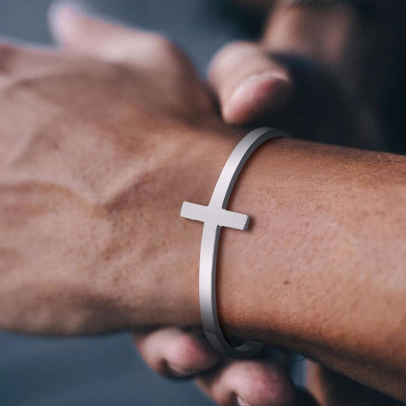 SIDEWAYS CROSS OPEN CUFF BANGLE