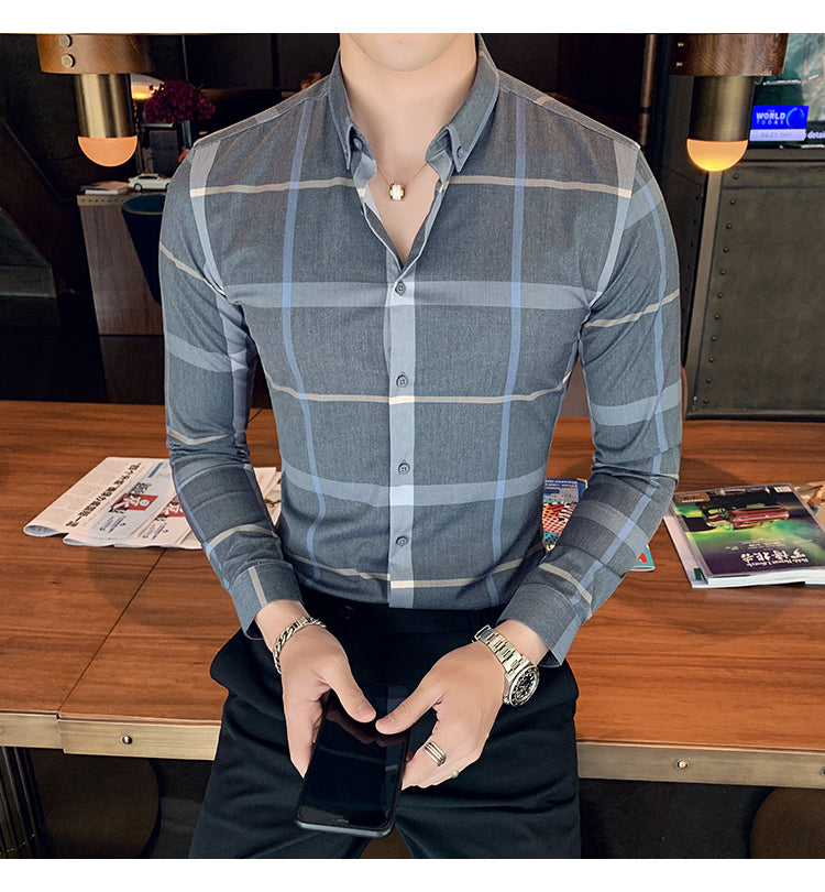 Plaid Men Fashion Casual Dress Shirts Man Slim Fit Long Sleeve