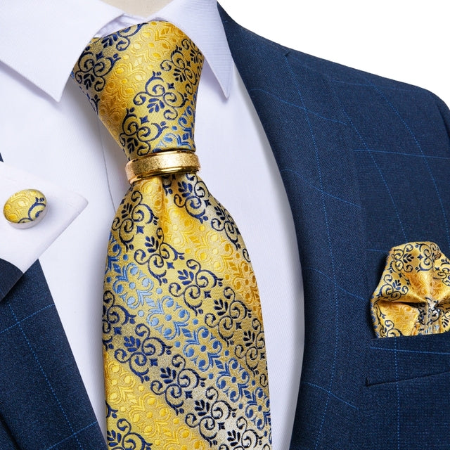 Striped Floral Paisley Silk Tie Cufflinks Tie Ring Set