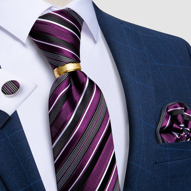 Striped Floral Paisley Silk Tie Cufflinks Tie Ring Set