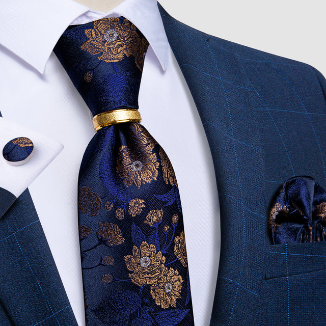 Striped Floral Paisley Silk Tie Cufflinks Tie Ring Set