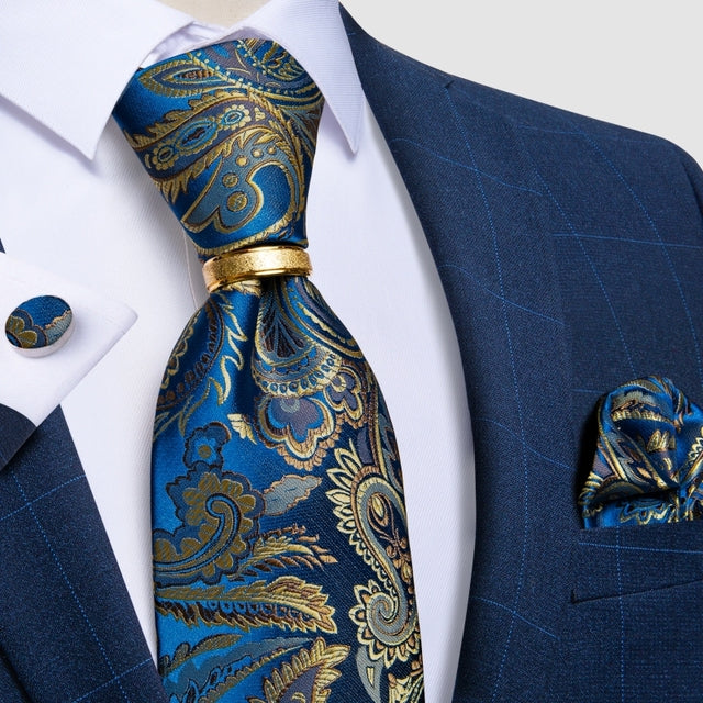 Striped Floral Paisley Silk Tie Cufflinks Tie Ring Set