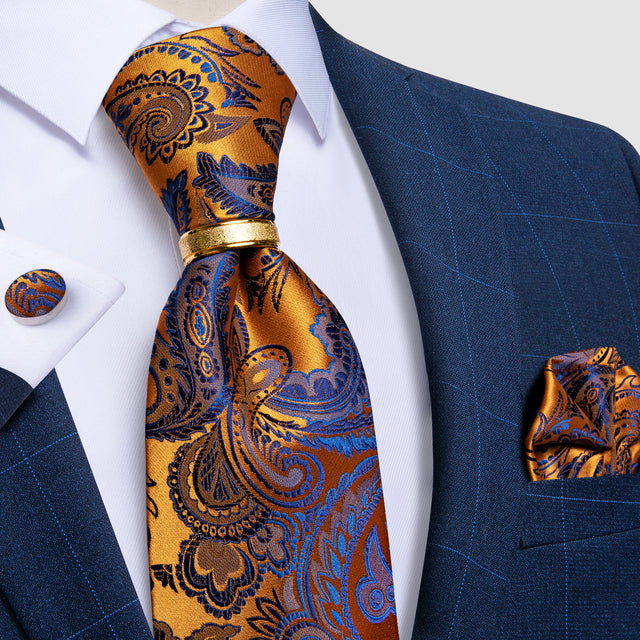 Striped Floral Paisley Silk Tie Cufflinks Tie Ring Set