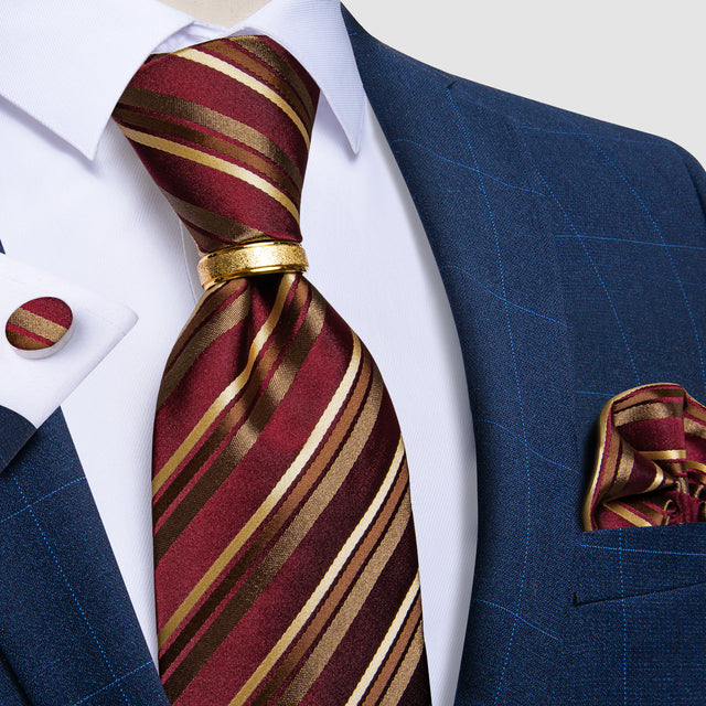 Striped Floral Paisley Silk Tie Cufflinks Tie Ring Set