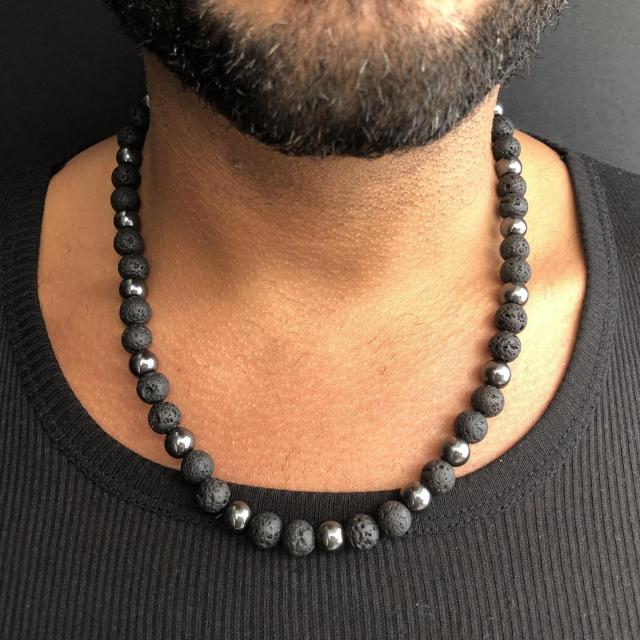 Men's Black Lava Stone Beaded Necklace