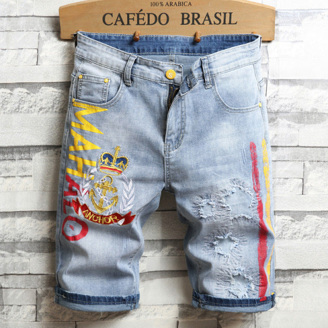 Embroidered Denim Ripped Stretch Short