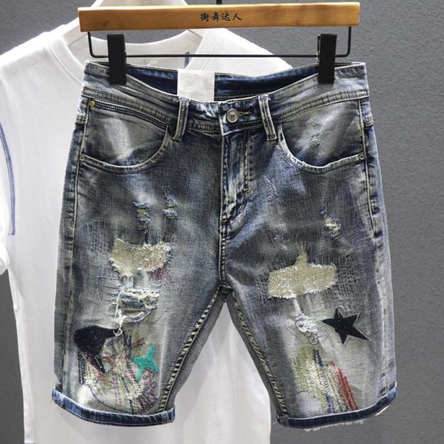 Stone Wash Denim Stretch Shorts Holes Jeans