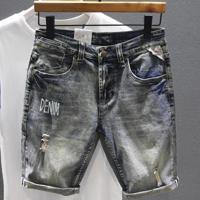 Stone Wash Denim Stretch Shorts Holes Jeans