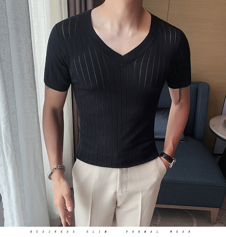 Solid Knitted V- Neck T-Shirts