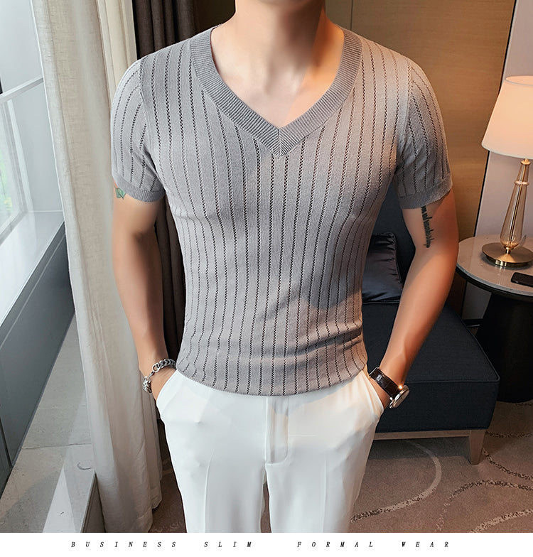Solid Knitted V- Neck T-Shirts