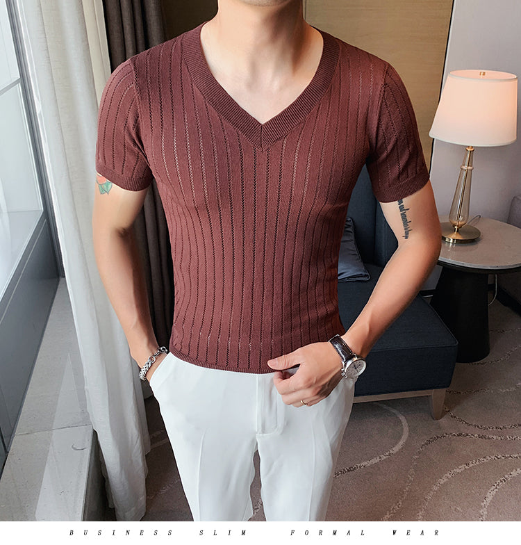 Solid Knitted V- Neck T-Shirts
