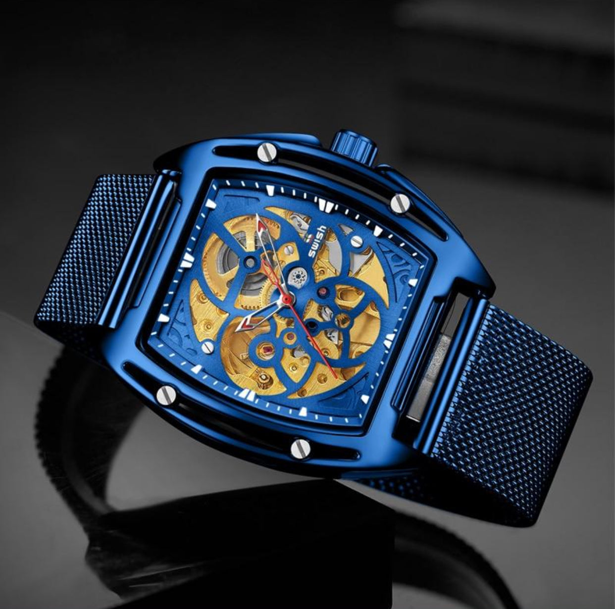 Mechanical Automatic Gold Watch with Mesh Bracelet