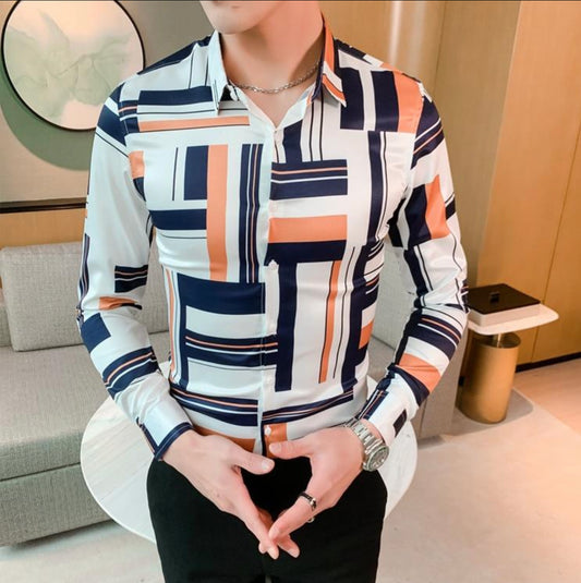 Vintage Print Long Sleeve Hawaiian Slim Fit Striped Shirts