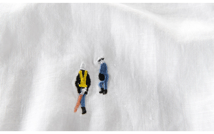 Cartoon Embroidery Stitching Linen Short Sleeve T-shirt Men Brand