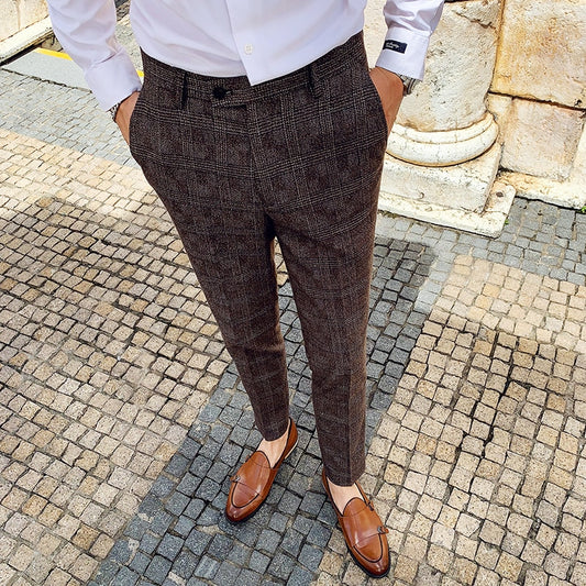 Plaid Suit Trousers Pants Men Office/Business Pants Slim Fit