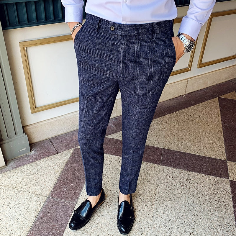 Plaid Suit Trousers Pants Men Office/Business Pants Slim Fit
