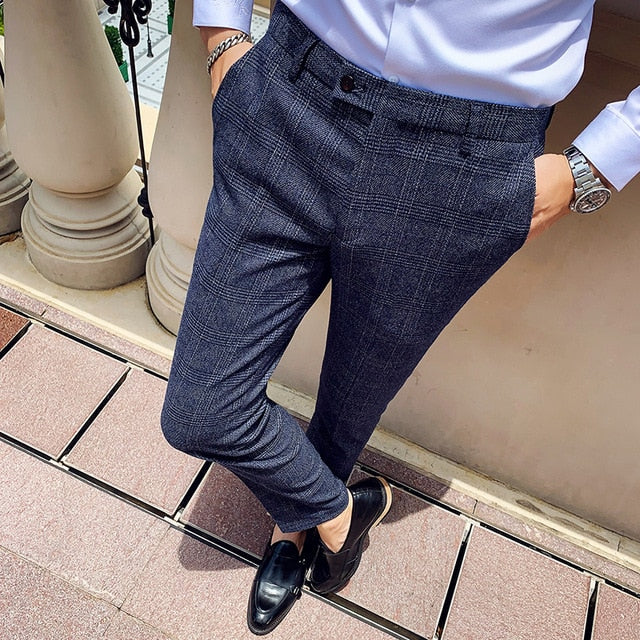 Plaid Suit Trousers Pants Men Office/Business Pants Slim Fit