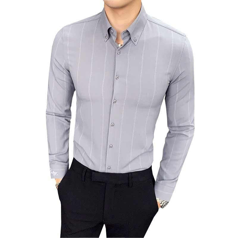 High-Quality Men Long Sleeve Vertical Stripes Slim Fit Casual Formal Shirt