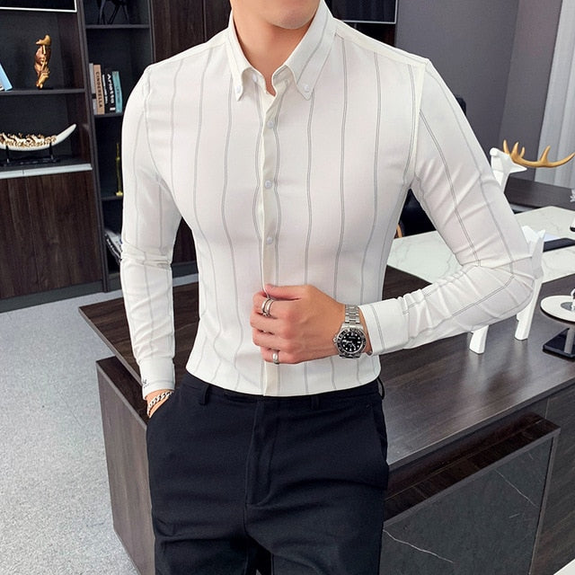 High-Quality Men Long Sleeve Vertical Stripes Slim Fit Casual Formal Shirt