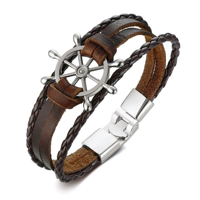 Rudder Charm Multi-layer Leather Rope Bracelets Bangles