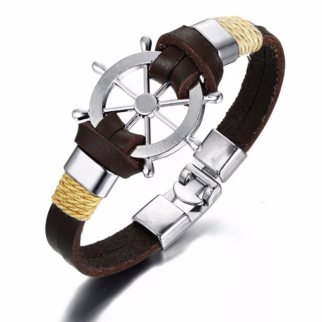 Rudder Charm Multi-layer Leather Rope Bracelets Bangles