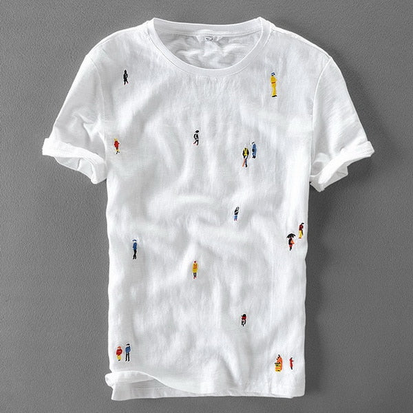 Cartoon Embroidery Stitching Linen Short Sleeve T-shirt Men Brand
