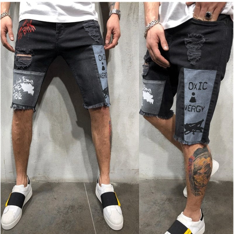 Printing Denim Stretch Skinny Slim Jeans Shorts