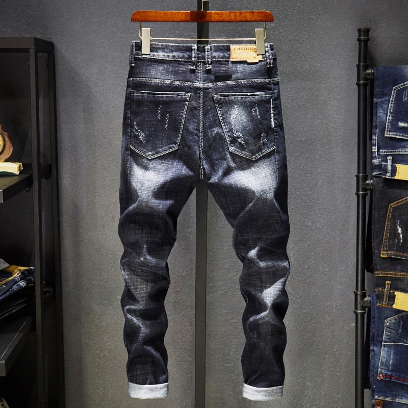 Ripped Jeans Men Dark Blue Stretch Slim Fit Distressed Streetwear Denim Pants