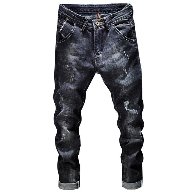 Ripped Jeans Men Dark Blue Stretch Slim Fit Distressed Streetwear Denim Pants