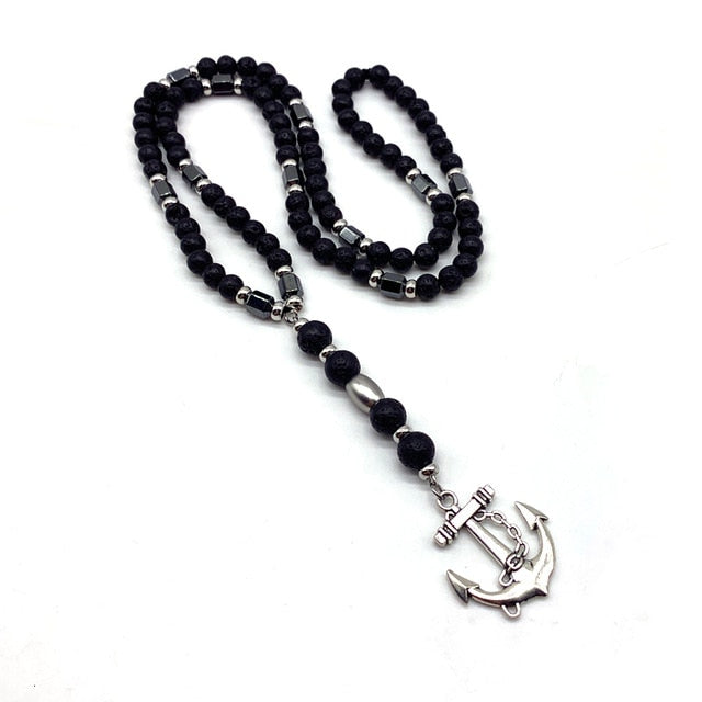 Fashion Pendant Necklace Men Anchor Lava Stone Beads Chain Necklace