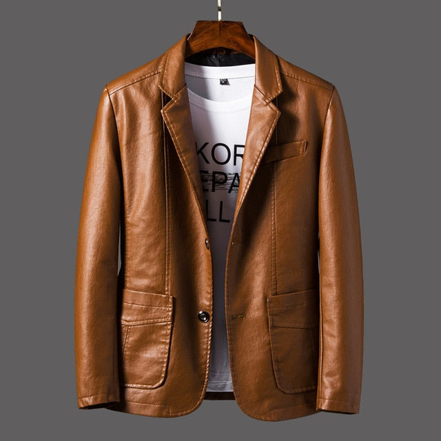 Faux Leather Suit Jacket Men Slim Fit Short Coat Fashion Streetwear Casual Blazer Jackets