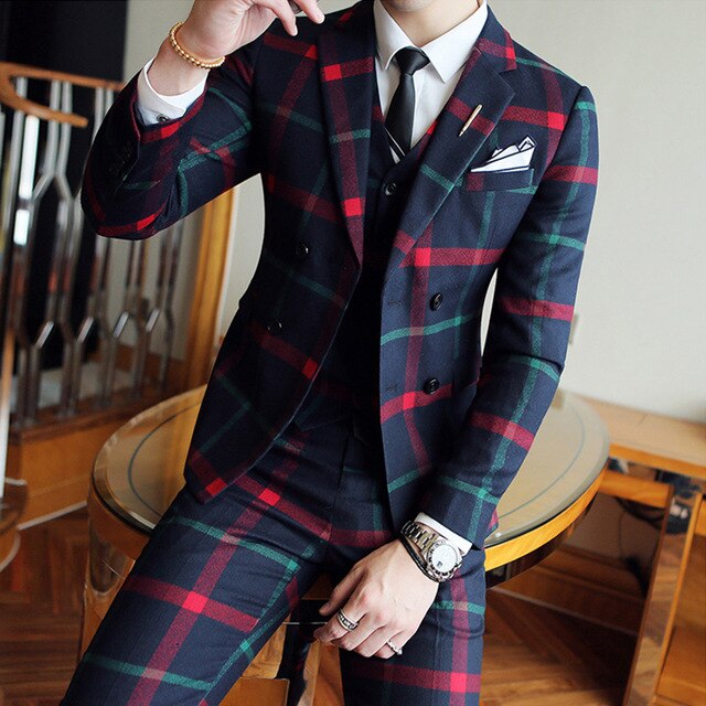 Fashion Checked Double-breasted Men Suit Jacket + Pant + Vest