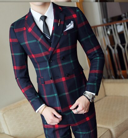 Fashion Checked Double-breasted Men Suit Jacket + Pant + Vest