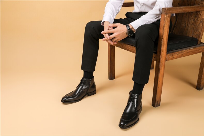 Men Genuine Cow Leather Chelsea boots Lace Up Dress Boots