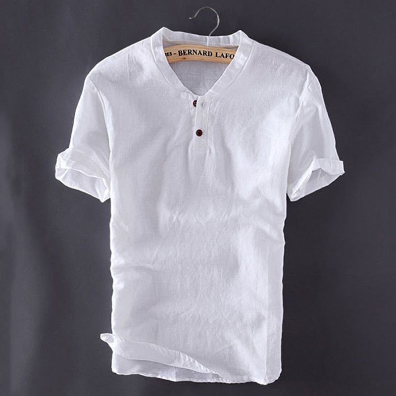 Men's Cotton Linen Shirts Short Sleeve Slim Fit Shirts