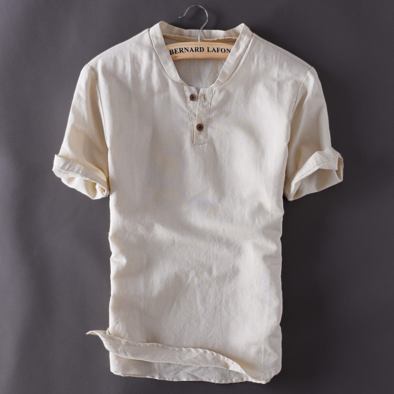 Men's Cotton Linen Shirts Short Sleeve Slim Fit Shirts