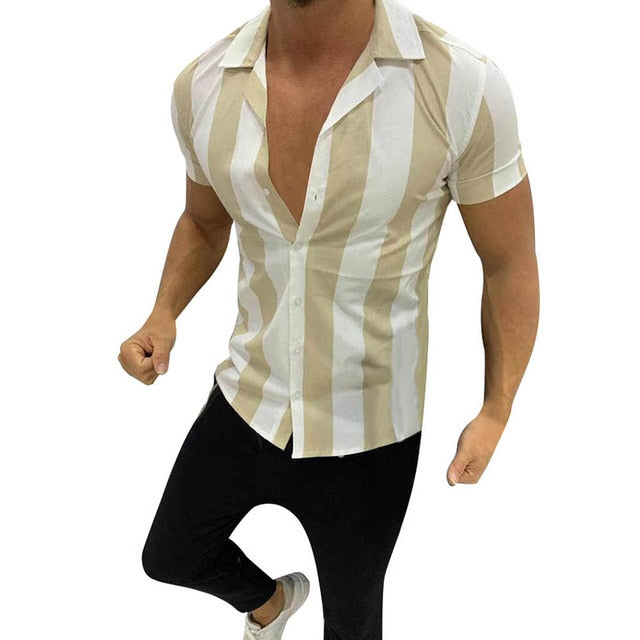 Men Fashion Shirts Casual Multicolor Striped Lapel Hawaiian Shirts Short-Sleeve