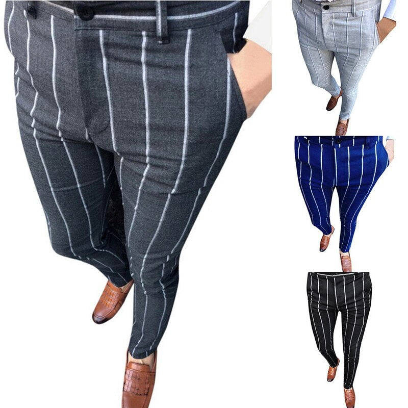 Slim Fit Pants Plaid Design Fashion Grey With Stripe Casual Pants