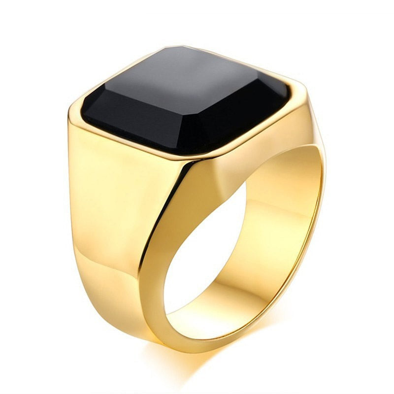 Vintage Men's Square Carnelian Signet Ring In Red Nature Stone Black Stainless Steel Ring for Man