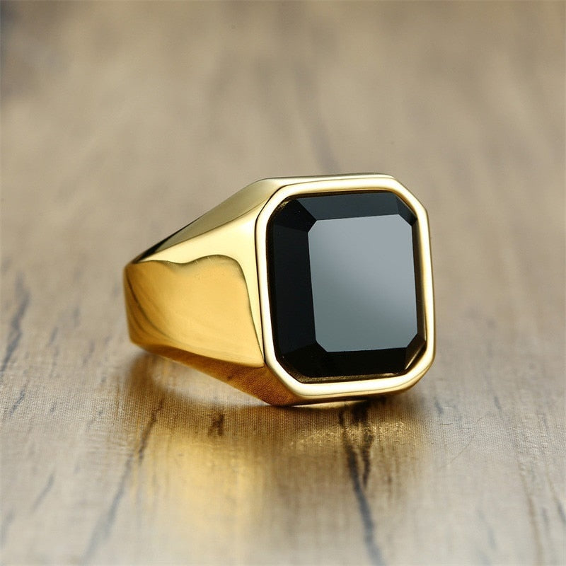 Vintage Men's Square Carnelian Signet Ring In Red Nature Stone Black Stainless Steel Ring for Man
