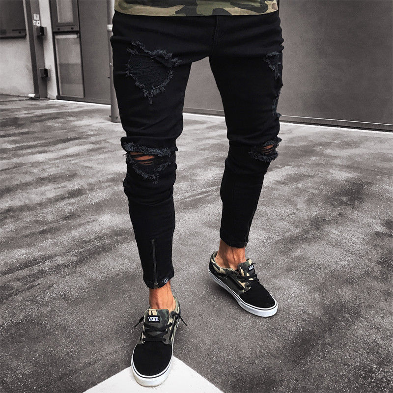 Slim fit Ripped Destroyed Stretch Pants Black Denim Jeans